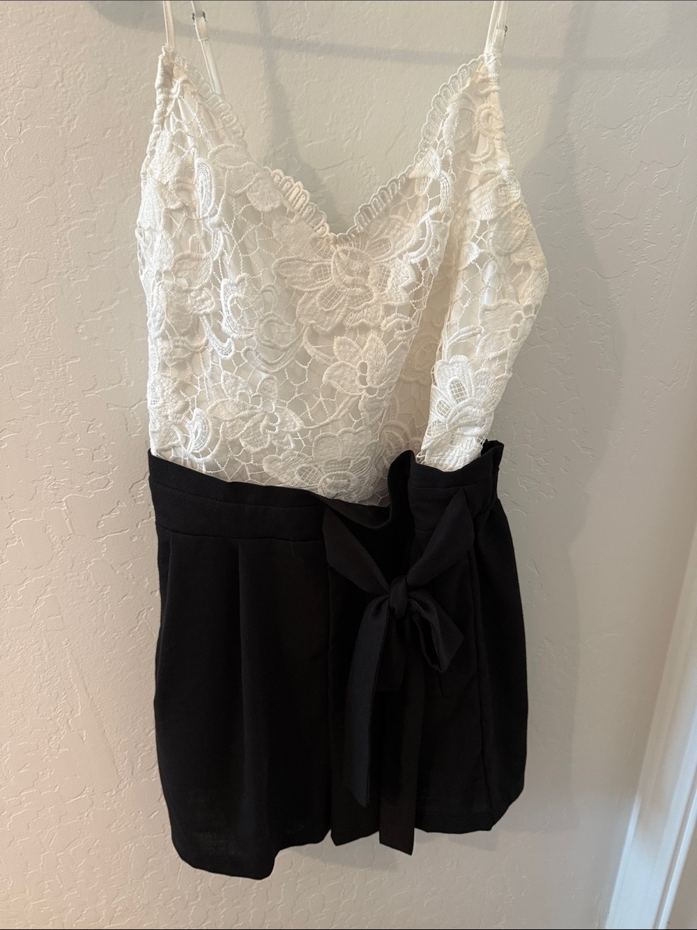 White Lace Bodice Mini Dress with Black Skirt and Bow